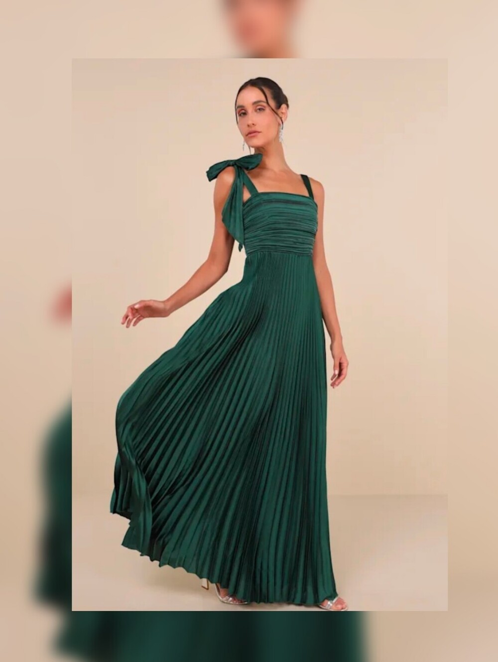 Lulus Gorgeous Purpose Emerald Satin Pleated Sleeveless Bow Maxi Dress S - Picture 1 of 13